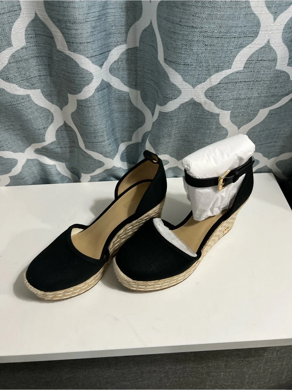 Michael Kors Black Espadrille Wedge Sandals with Gold Buckle
